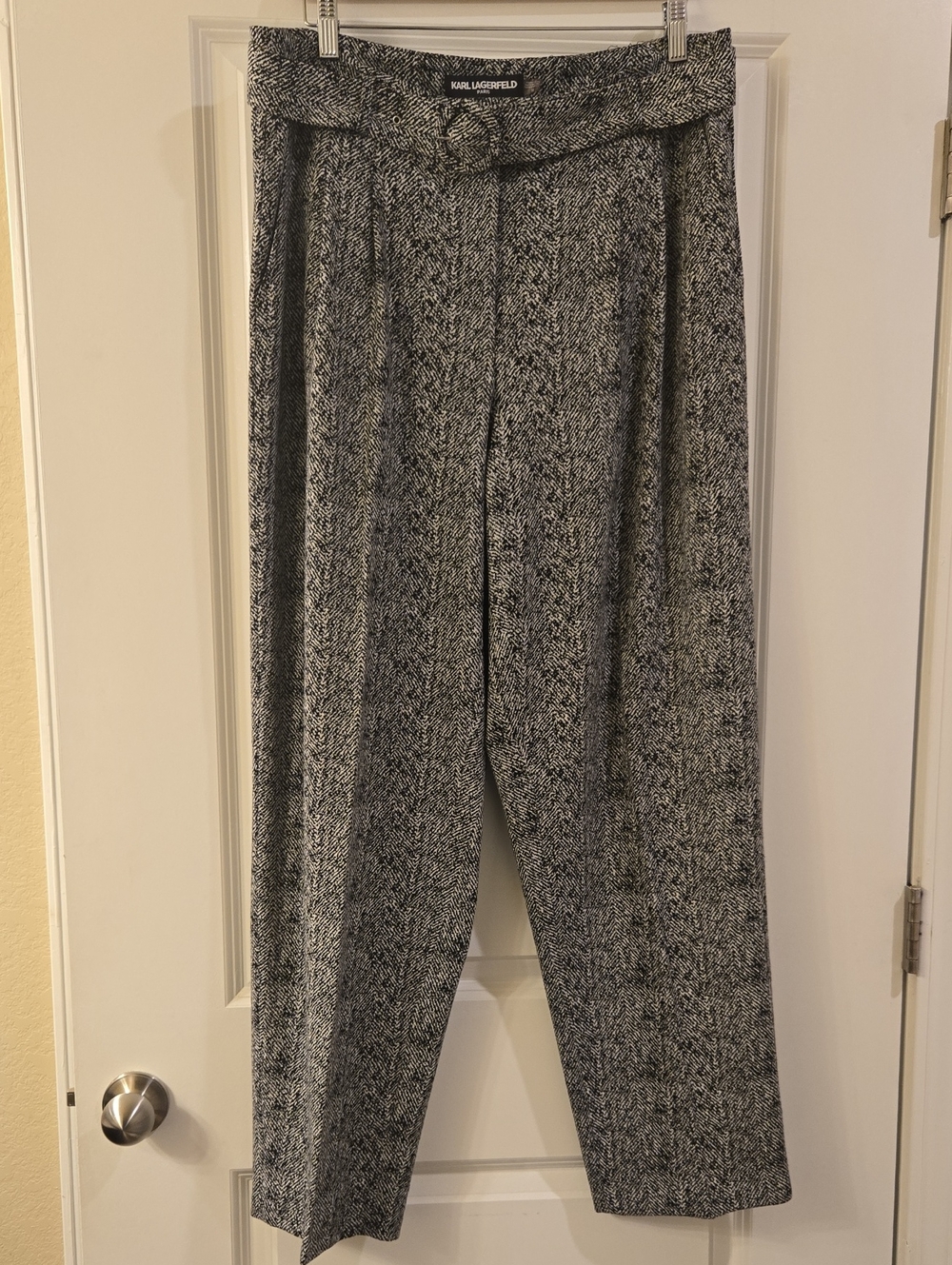 Karl Lagerfeld Black & White Wide-Leg Tweed Pants with Belt
